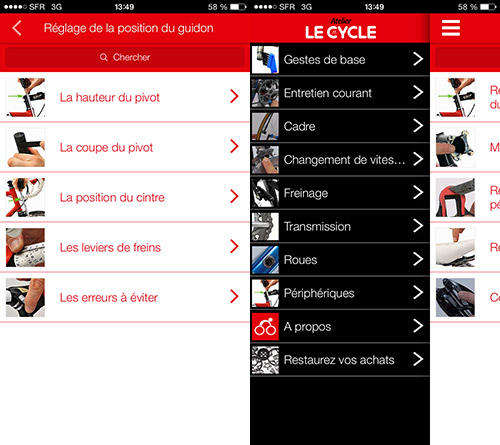 Les menus de l'application l'Atelier Le Cycle